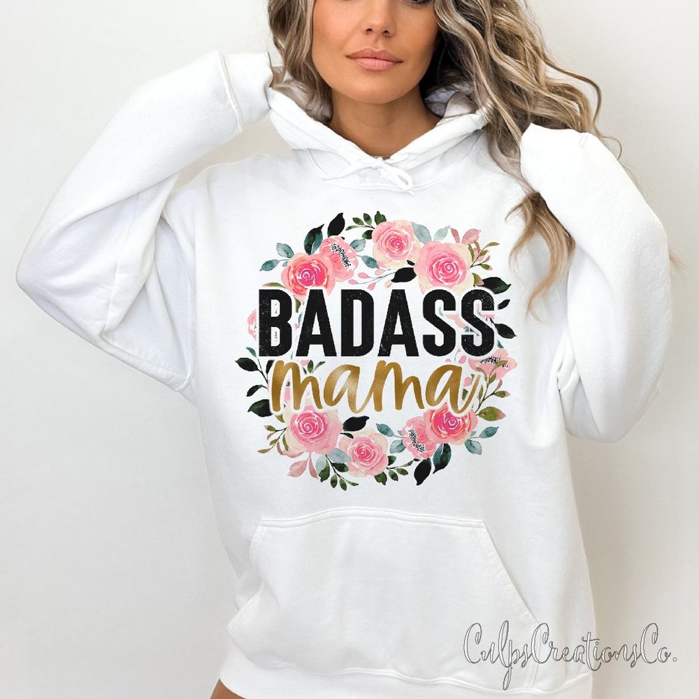 Badass Mama Pink watercolor floral heavy blend hoodie